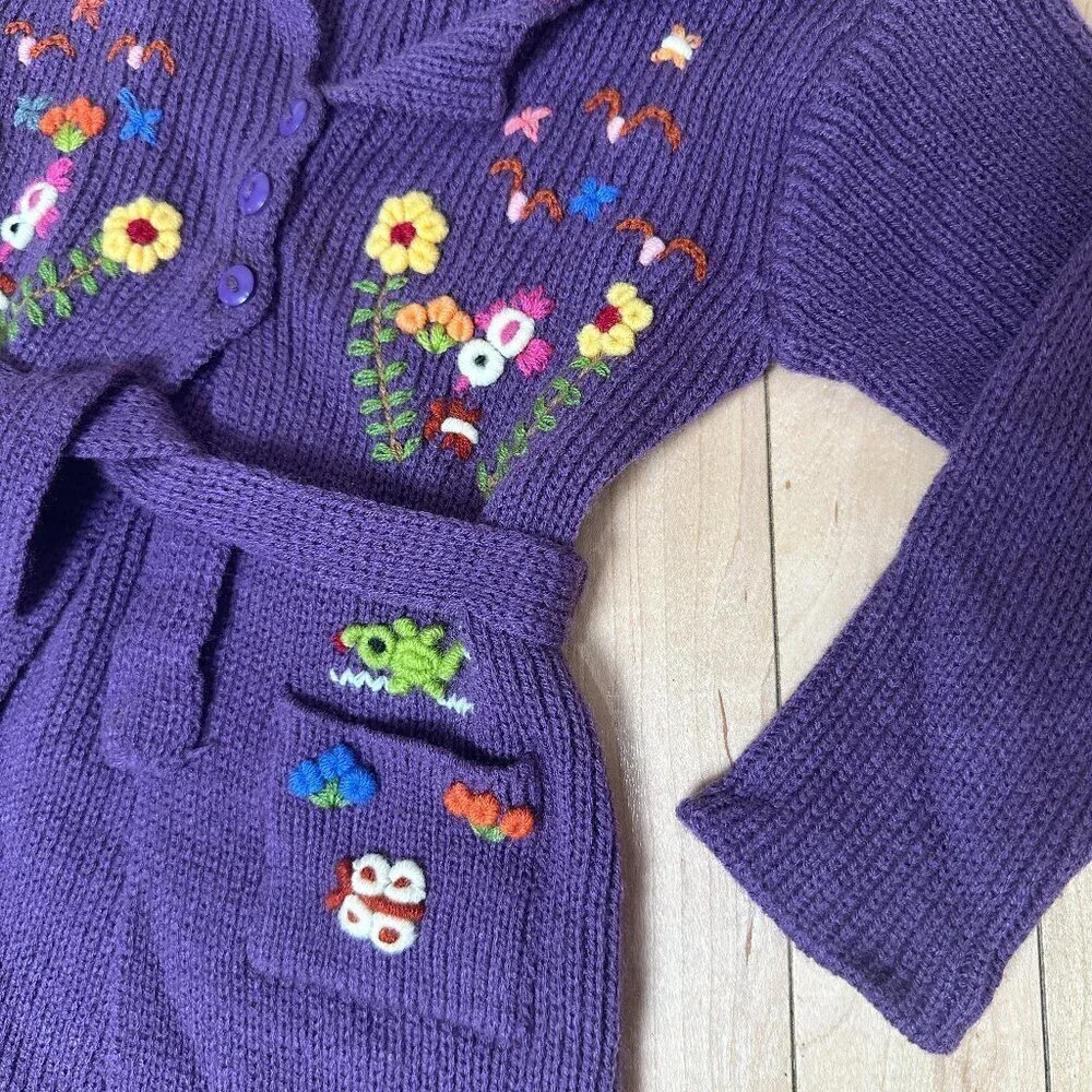 Vintage Baby Toddler Sweater Coat with Embroidered Flowers Size 2T